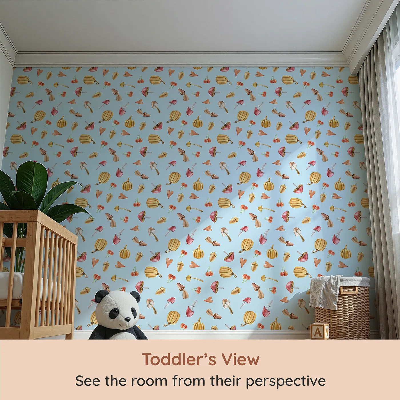 Whimsy Tots Autumn Forage Friends Wallpaper in Blue (W3249E) from your child's view.Mushrooms, acorns, cherries, and hearts scatter like autumn memories.