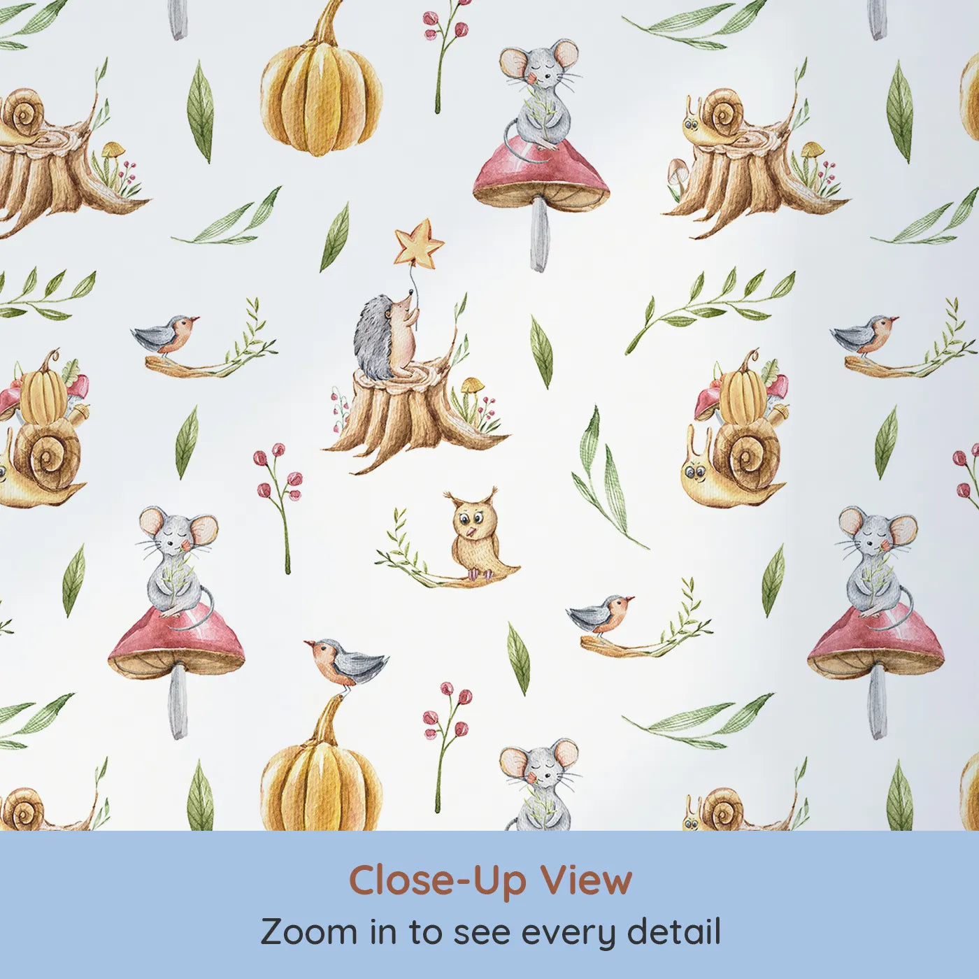Close-up view of Whimsy Tots' Wishful Woodland Friends Wallpaper in White (W3250A).Hedgehogs, owls, and forest friends share starry dreams.