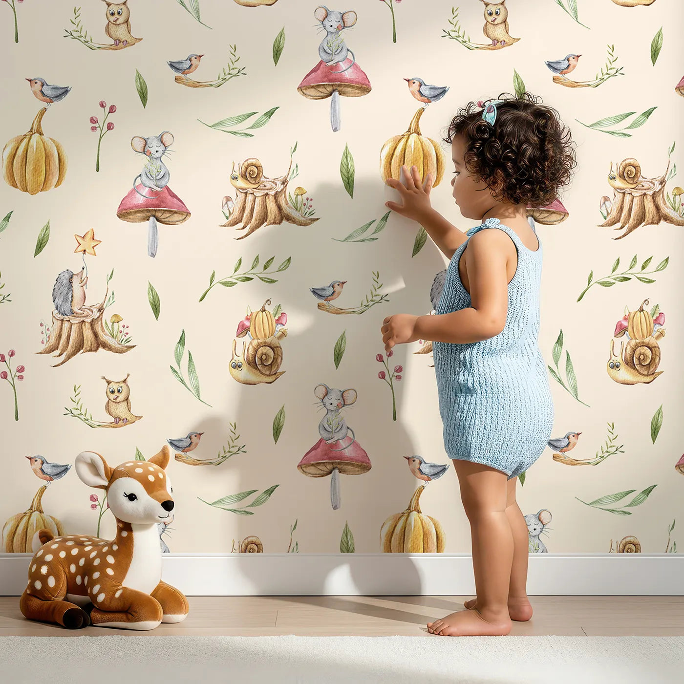 Lovely child standing in front of Whimsy Tots Wishful Woodland Friends Wallpaper in Beige with hedgehog, owl, mouse, snail, mushroom, leaf, pumpkin, star in design.