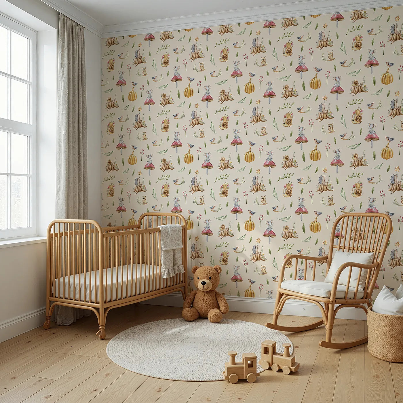 Angled view of Whimsy Tots' Wishful Woodland Friends Wallpaper in Beige (W3250C).Hedgehogs, owls, and forest friends share starry dreams.