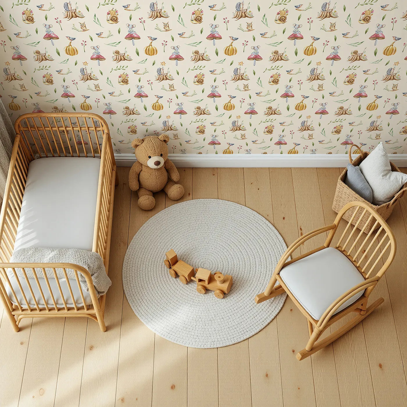 Top-Down view of Whimsy Tots' Wishful Woodland Friends Wallpaper in Beige (W3250C).Hedgehogs, owls, and forest friends share starry dreams.