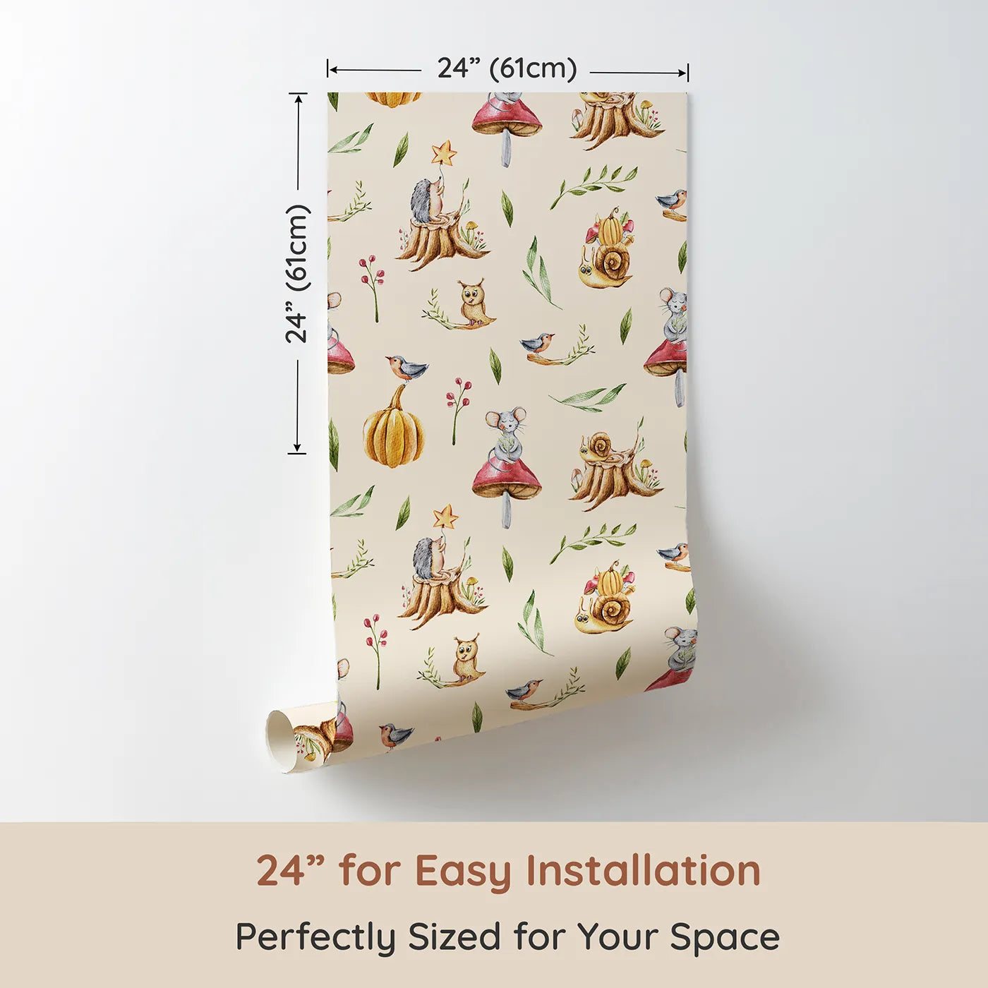 Dimension view of Whimsy Tots Wishful Woodland Friends Wallpaper in Beige (W3250C). Printed in 24-inch-wide panel for easy installation. Hedgehogs, owls, and forest friends share starry dreams.