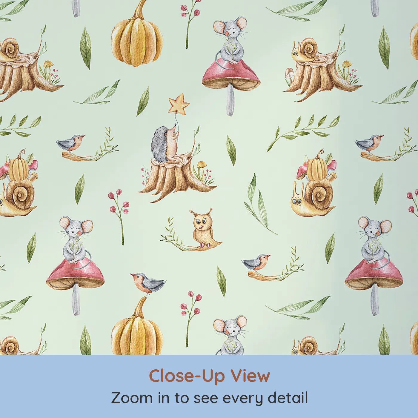 Close-up view of Whimsy Tots' Wishful Woodland Friends Wallpaper in Mint Green (W3250D).Hedgehogs, owls, and forest friends share starry dreams.