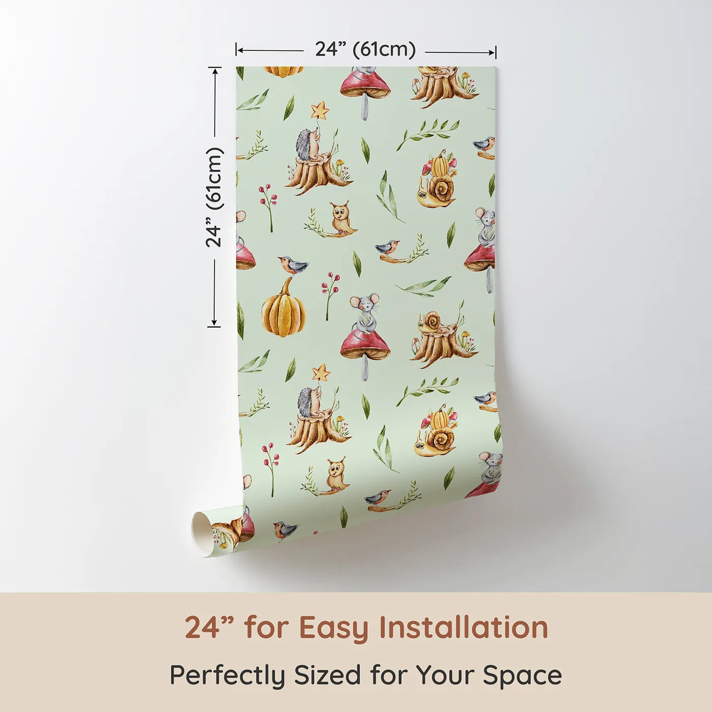 Dimension view of Whimsy Tots Wishful Woodland Friends Wallpaper in Mint Green (W3250D). Printed in 24-inch-wide panel for easy installation. Hedgehogs, owls, and forest friends share starry dreams.