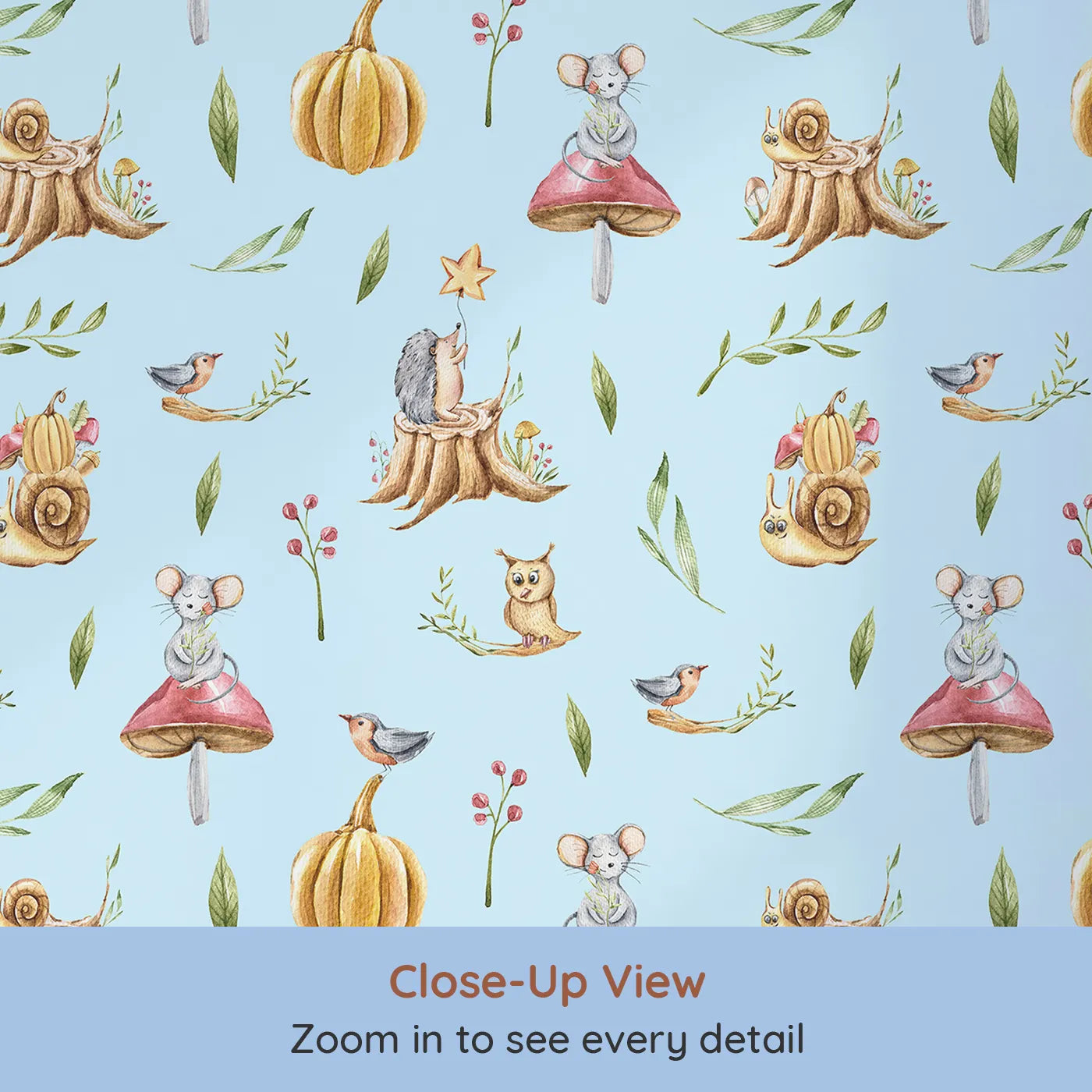Close-up view of Whimsy Tots' Wishful Woodland Friends Wallpaper in Sky Blue (W3250E).Hedgehogs, owls, and forest friends share starry dreams.