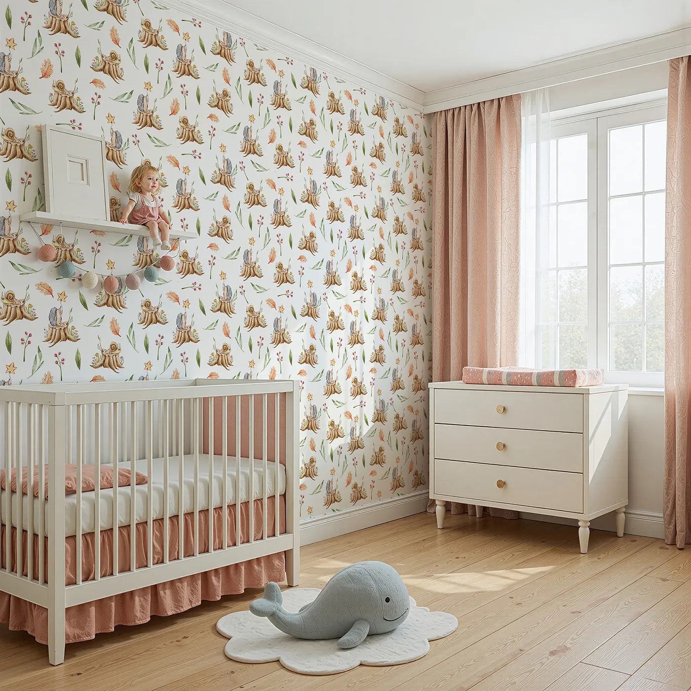 Angled view of Whimsy Tots' Forest Stump Snuggle Wallpaper in White (W3251A).Snails and hedgehogs perch on tree stumps, wrapped in autumn leaves and soft forest light.