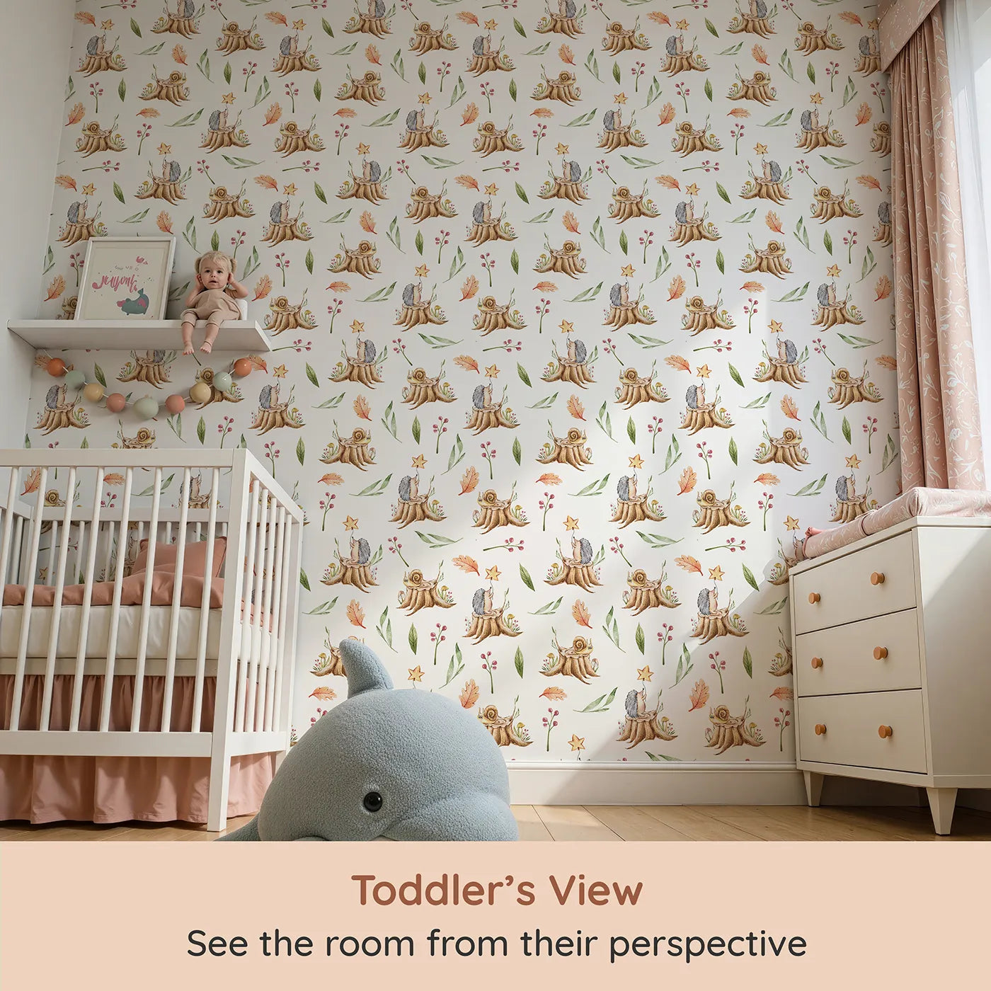 Whimsy Tots Forest Stump Snuggle Wallpaper in White (W3251A) from your child's view.Snails and hedgehogs perch on tree stumps, wrapped in autumn leaves and soft forest light.