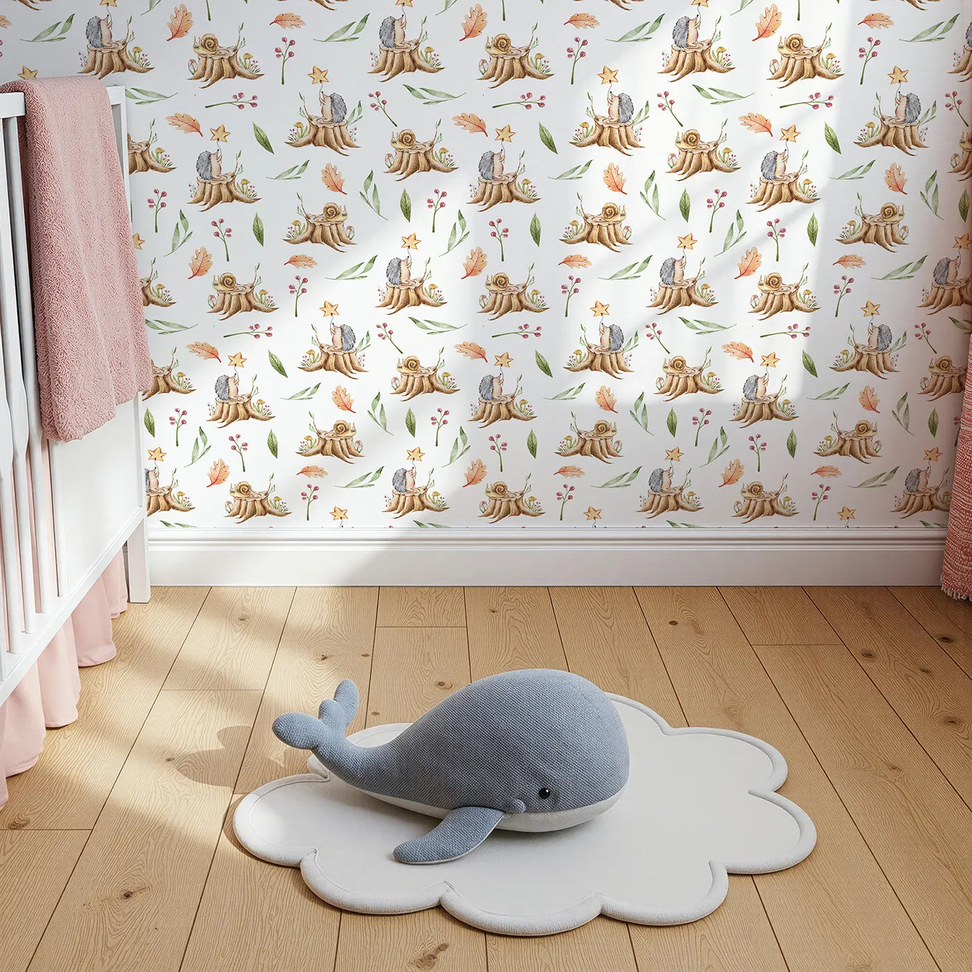 Top-Down view of Whimsy Tots' Forest Stump Snuggle Wallpaper in White (W3251A).Snails and hedgehogs perch on tree stumps, wrapped in autumn leaves and soft forest light.