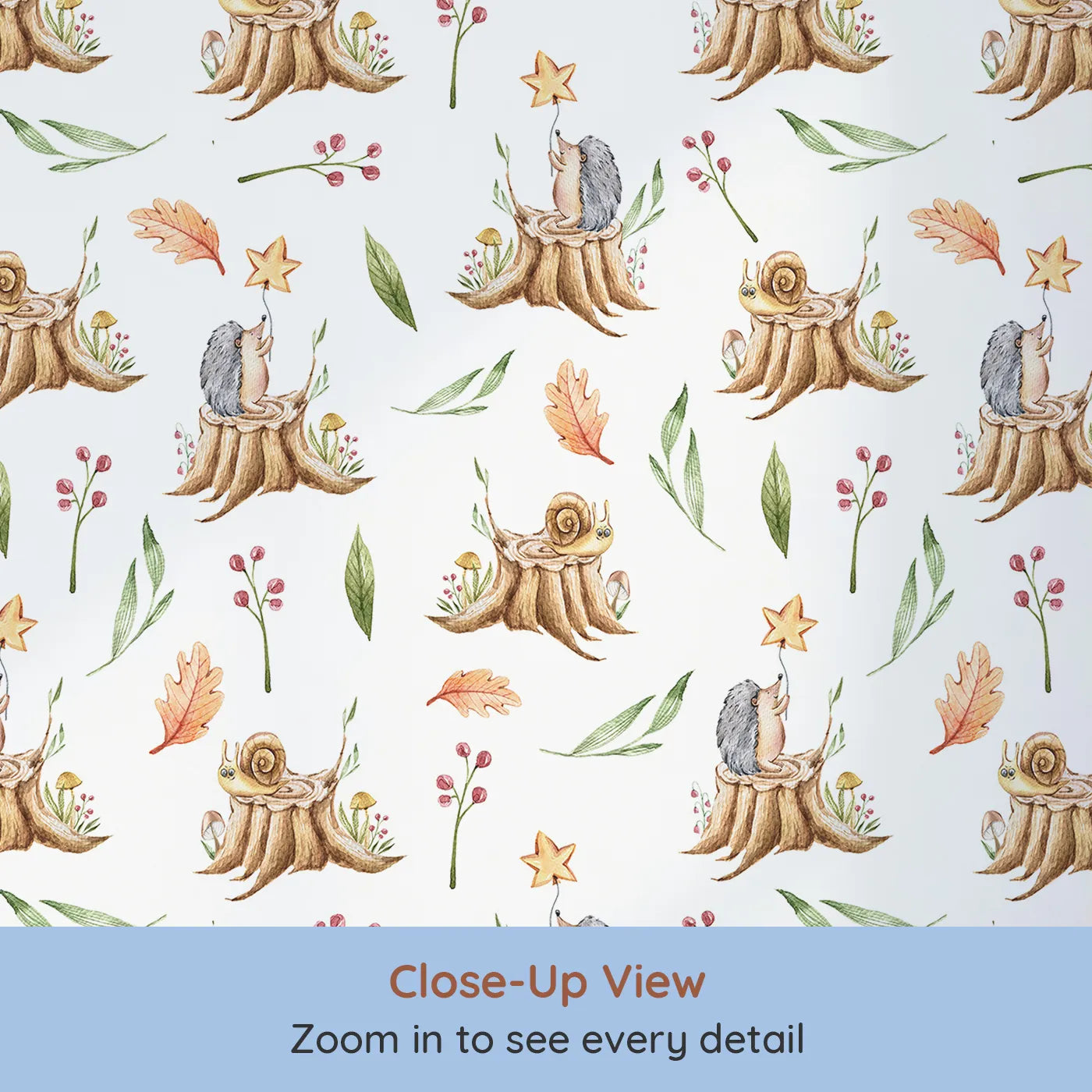 Close-up view of Whimsy Tots' Forest Stump Snuggle Wallpaper in White (W3251A).Snails and hedgehogs perch on tree stumps, wrapped in autumn leaves and soft forest light.