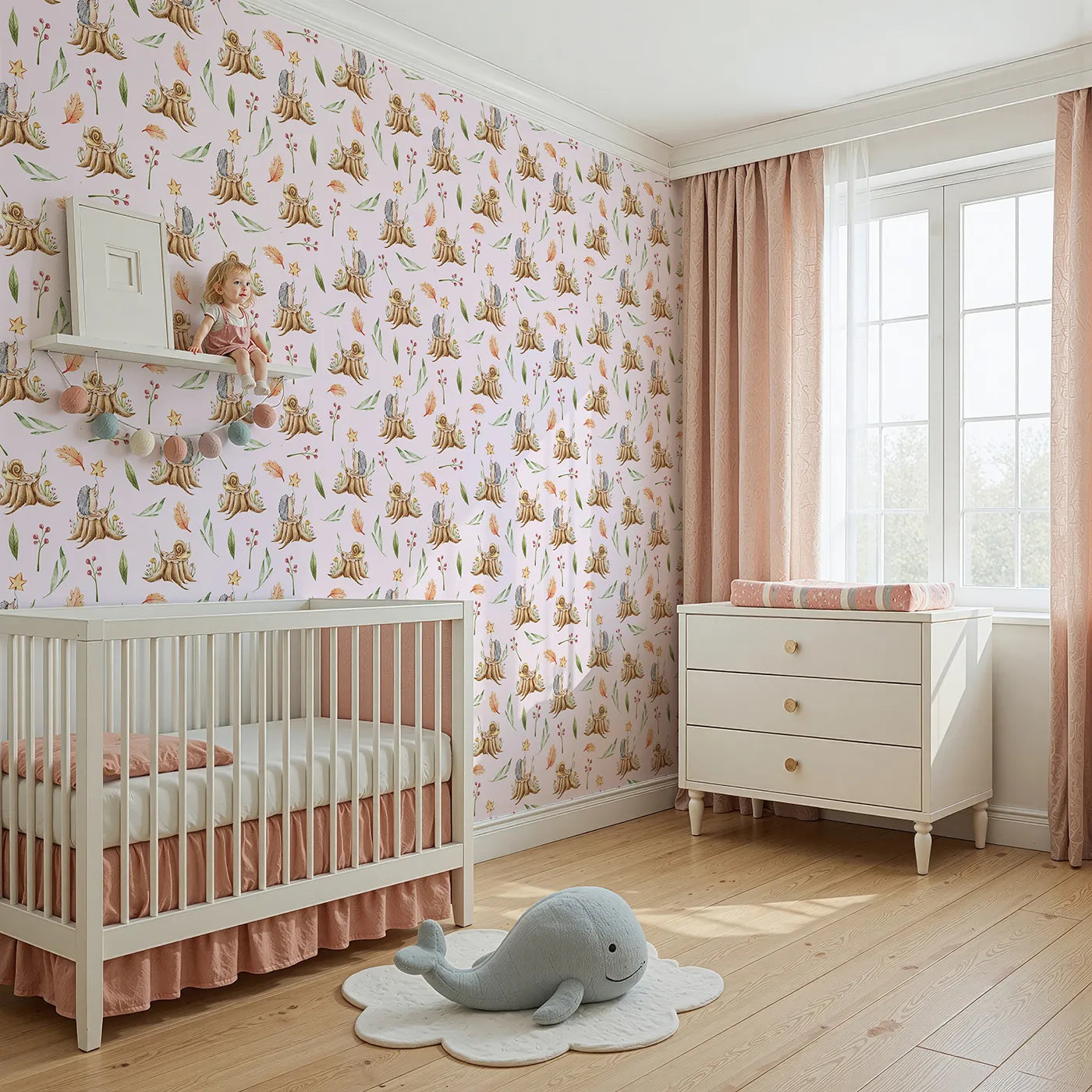 Angled view of Whimsy Tots' Forest Stump Snuggle Wallpaper in Blush Pink (W3251B).Snails and hedgehogs perch on tree stumps, wrapped in autumn leaves and soft forest light.