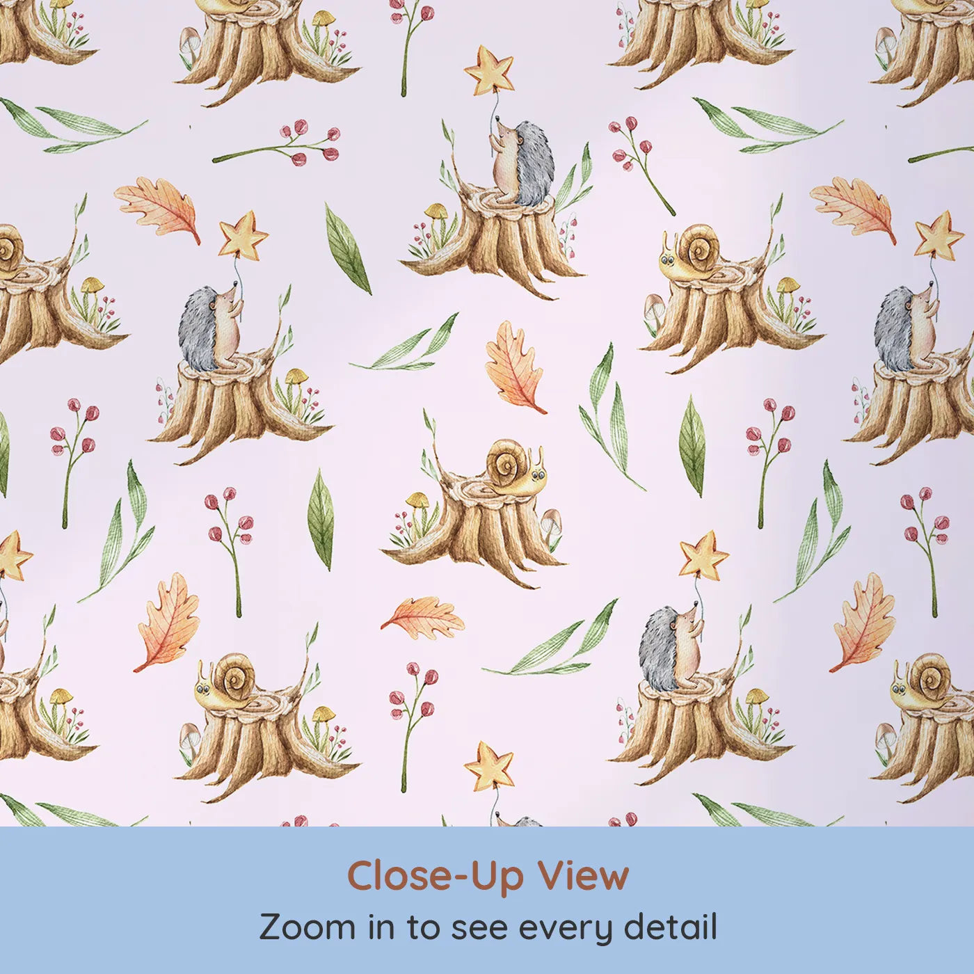 Close-up view of Whimsy Tots' Forest Stump Snuggle Wallpaper in Blush Pink (W3251B).Snails and hedgehogs perch on tree stumps, wrapped in autumn leaves and soft forest light.