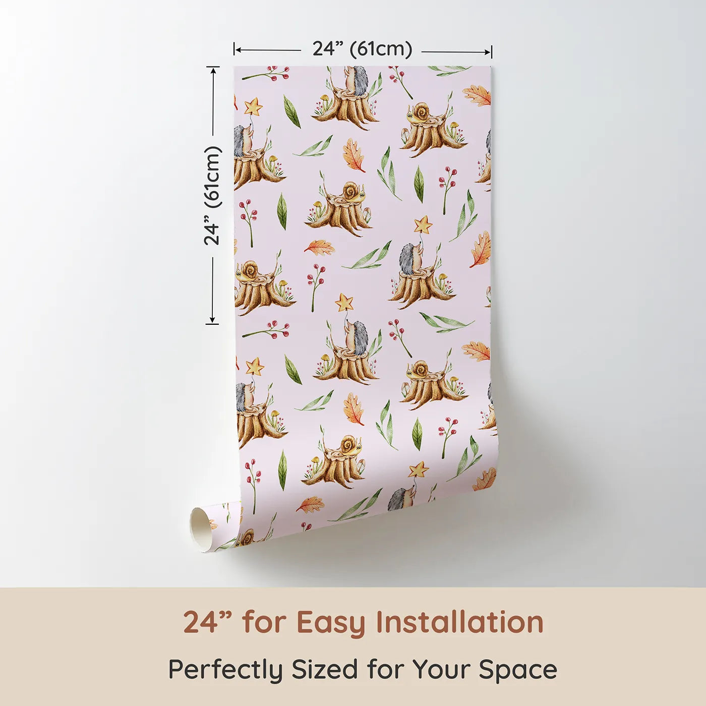 Dimension view of Whimsy Tots Forest Stump Snuggle Wallpaper in Blush Pink (W3251B). Printed in 24-inch-wide panel for easy installation. Snails and hedgehogs perch on tree stumps, wrapped in autumn leaves and soft forest light.