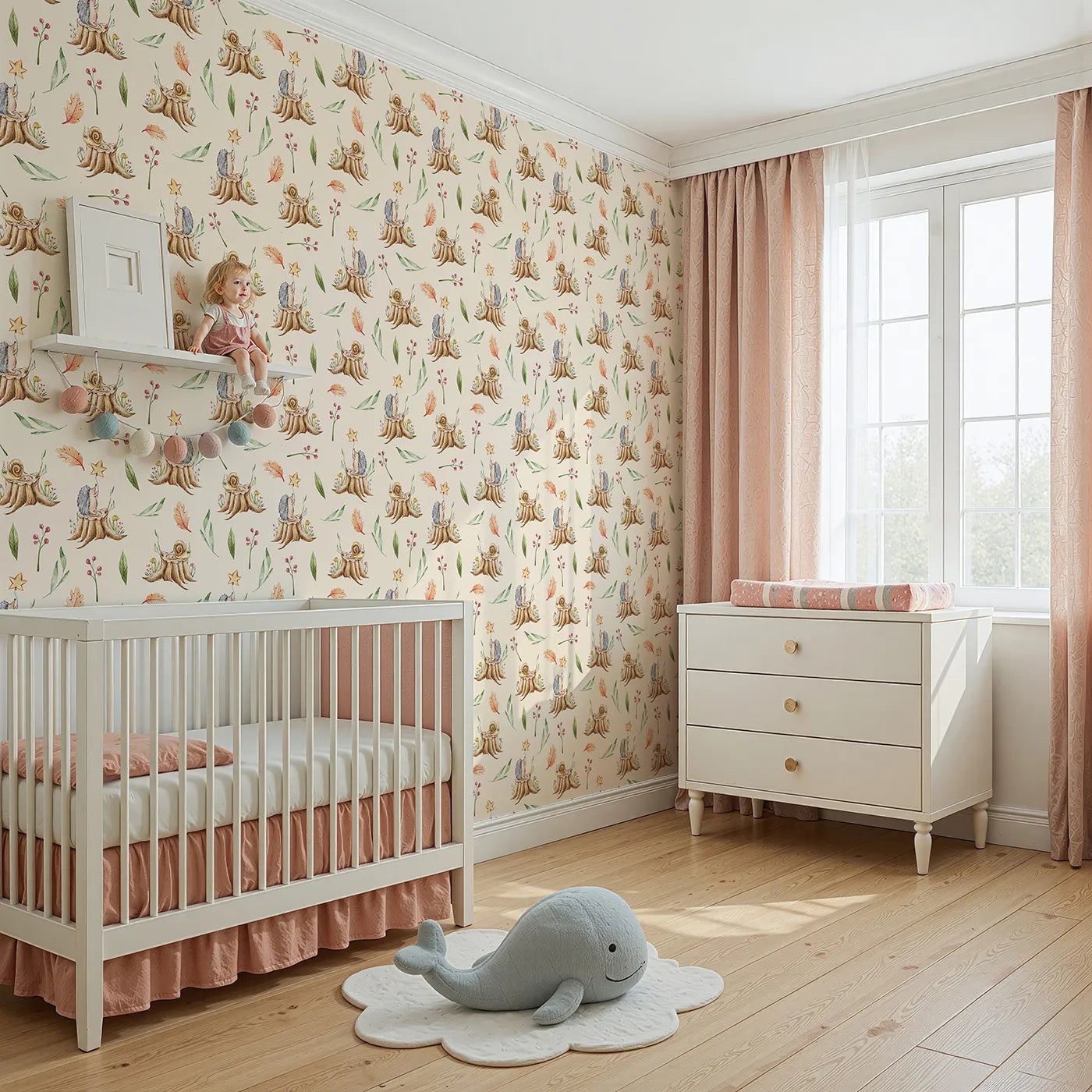 Angled view of Whimsy Tots' Forest Stump Snuggle Wallpaper in Cream (W3251C).Snails and hedgehogs perch on tree stumps, wrapped in autumn leaves and soft forest light.
