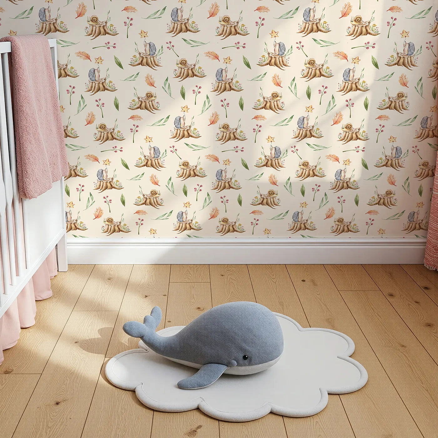 Top-Down view of Whimsy Tots' Forest Stump Snuggle Wallpaper in Cream (W3251C).Snails and hedgehogs perch on tree stumps, wrapped in autumn leaves and soft forest light.