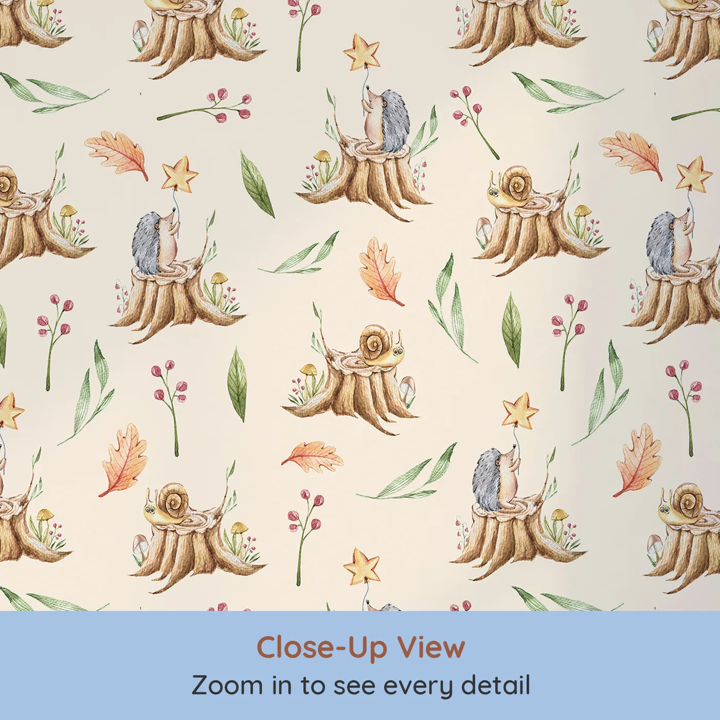 Close-up view of Whimsy Tots' Forest Stump Snuggle Wallpaper in Cream (W3251C).Snails and hedgehogs perch on tree stumps, wrapped in autumn leaves and soft forest light.