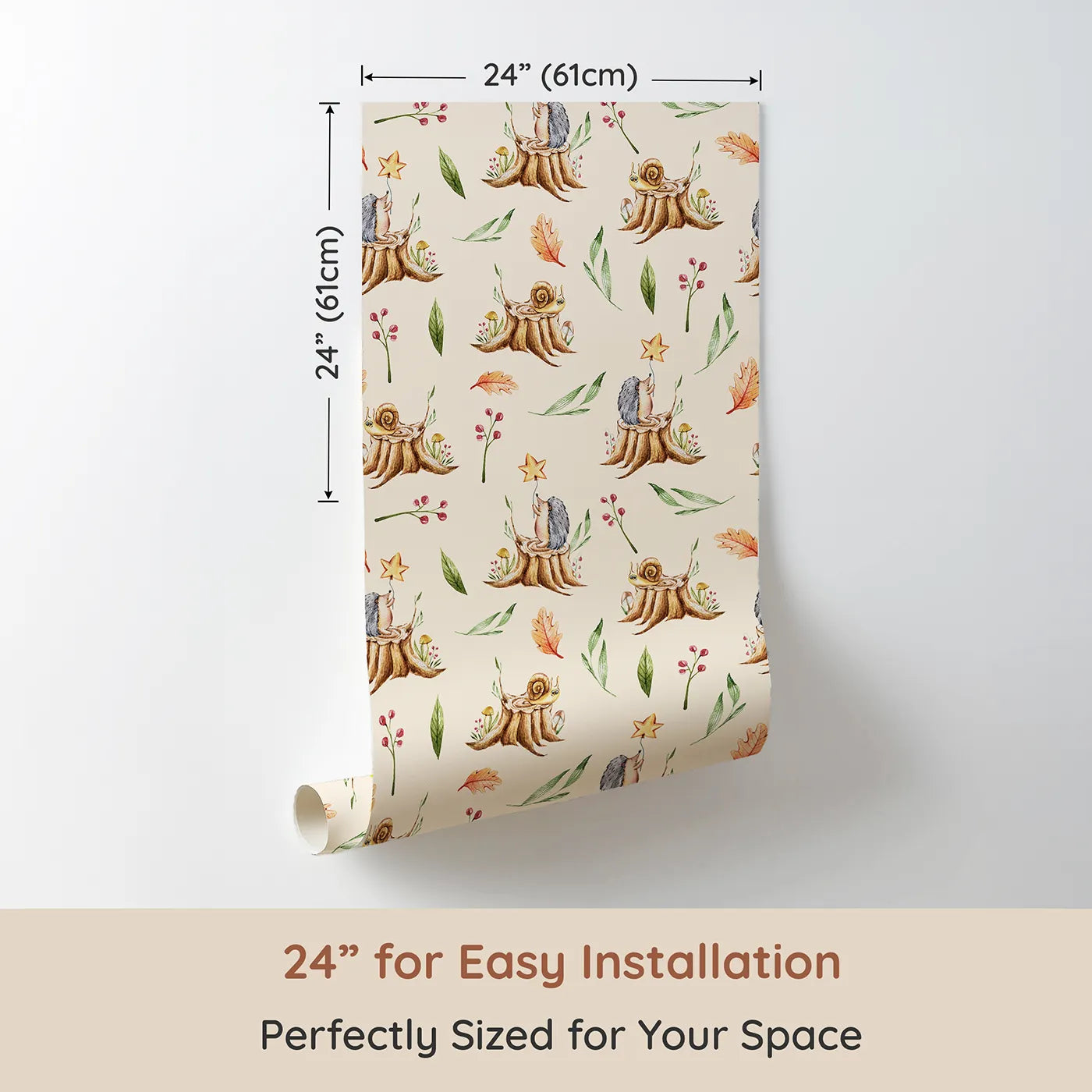 Dimension view of Whimsy Tots Forest Stump Snuggle Wallpaper in Cream (W3251C). Printed in 24-inch-wide panel for easy installation. Snails and hedgehogs perch on tree stumps, wrapped in autumn leaves and soft forest light.