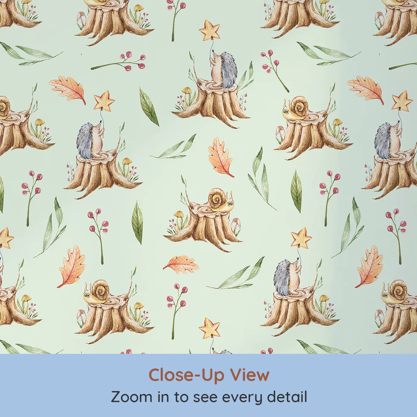 Close-up view of Whimsy Tots' Forest Stump Snuggle Wallpaper in Green (W3251D).Snails and hedgehogs perch on tree stumps, wrapped in autumn leaves and soft forest light.