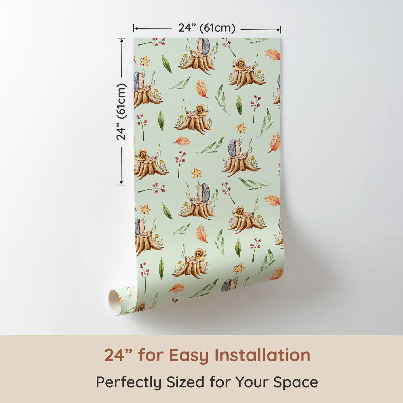 Dimension view of Whimsy Tots Forest Stump Snuggle Wallpaper in Green (W3251D). Printed in 24-inch-wide panel for easy installation. Snails and hedgehogs perch on tree stumps, wrapped in autumn leaves and soft forest light.
