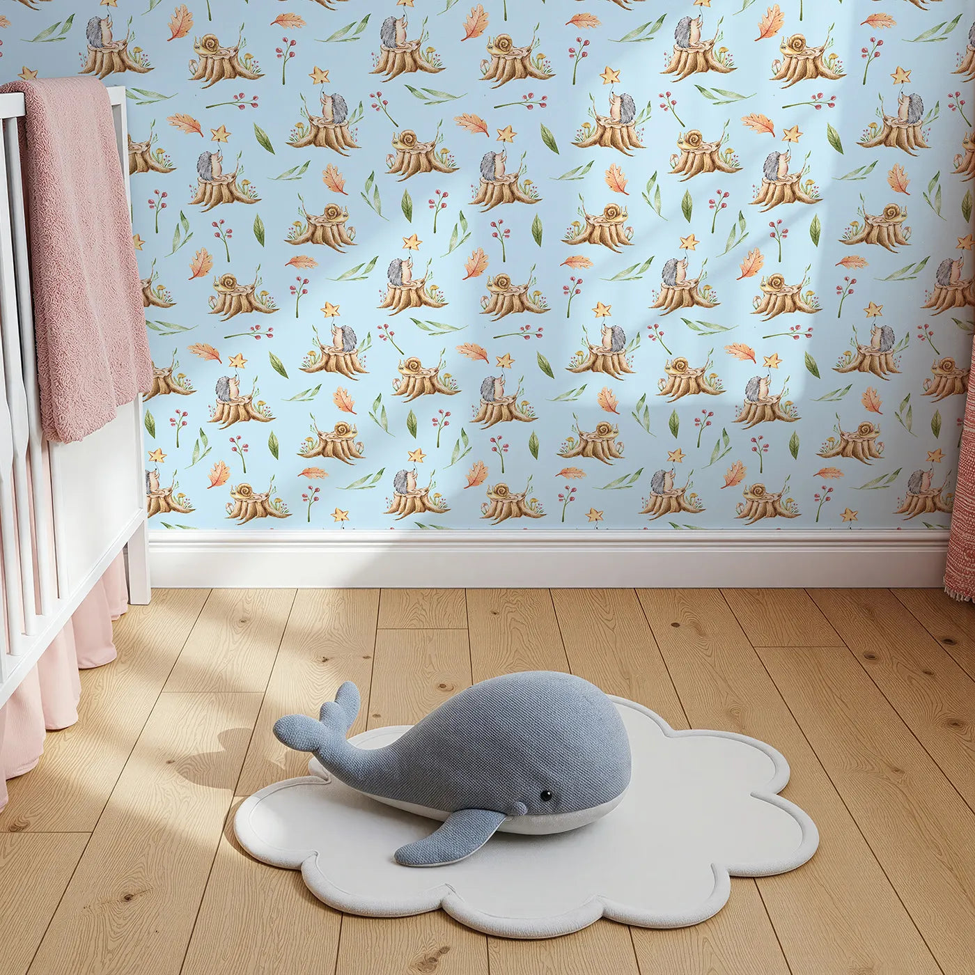 Top-Down view of Whimsy Tots' Forest Stump Snuggle Wallpaper in Blue (W3251E).Snails and hedgehogs perch on tree stumps, wrapped in autumn leaves and soft forest light.