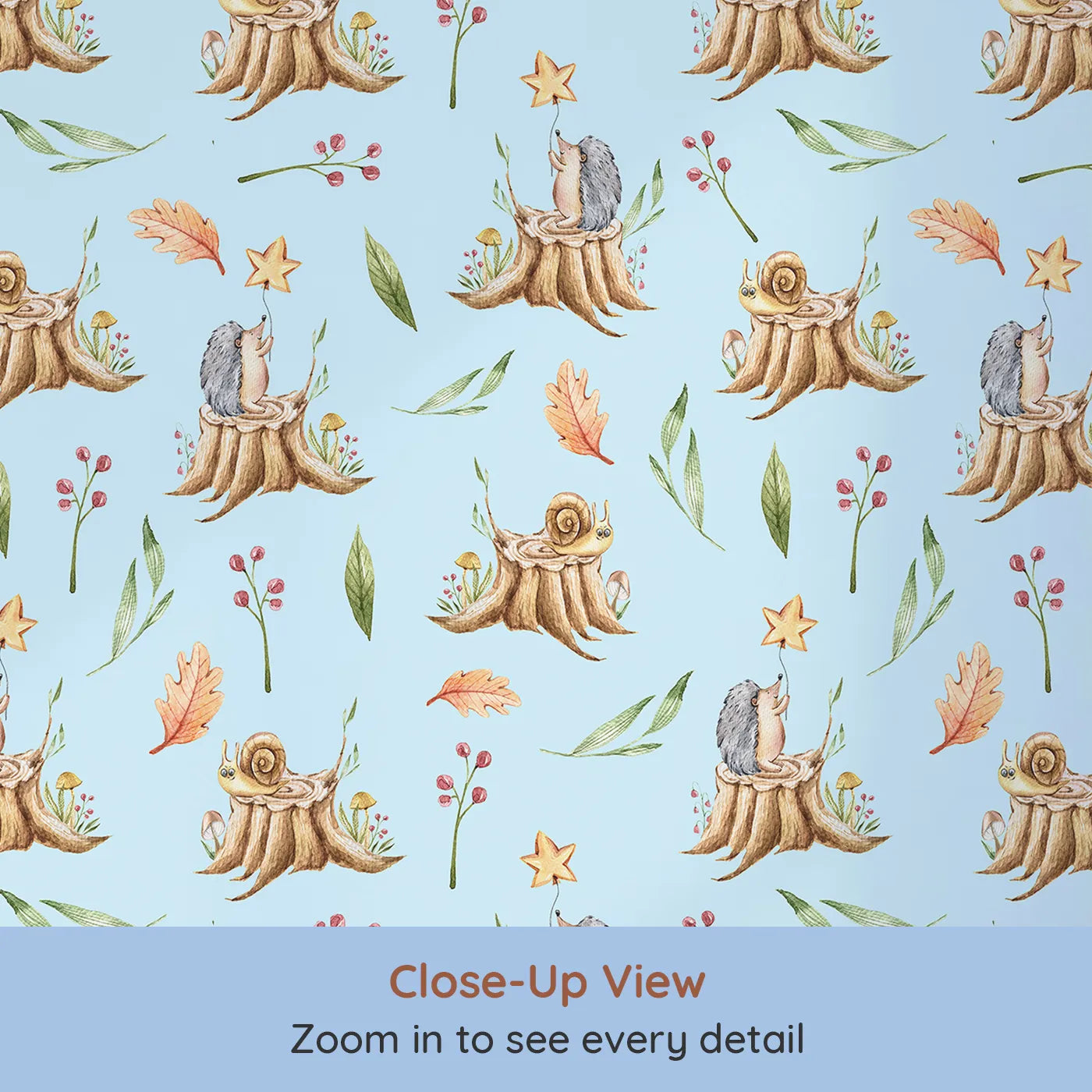 Close-up view of Whimsy Tots' Forest Stump Snuggle Wallpaper in Blue (W3251E).Snails and hedgehogs perch on tree stumps, wrapped in autumn leaves and soft forest light.