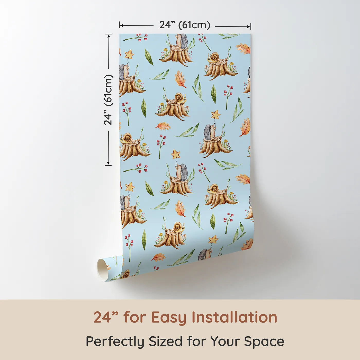 Dimension view of Whimsy Tots Forest Stump Snuggle Wallpaper in Blue (W3251E). Printed in 24-inch-wide panel for easy installation. Snails and hedgehogs perch on tree stumps, wrapped in autumn leaves and soft forest light.