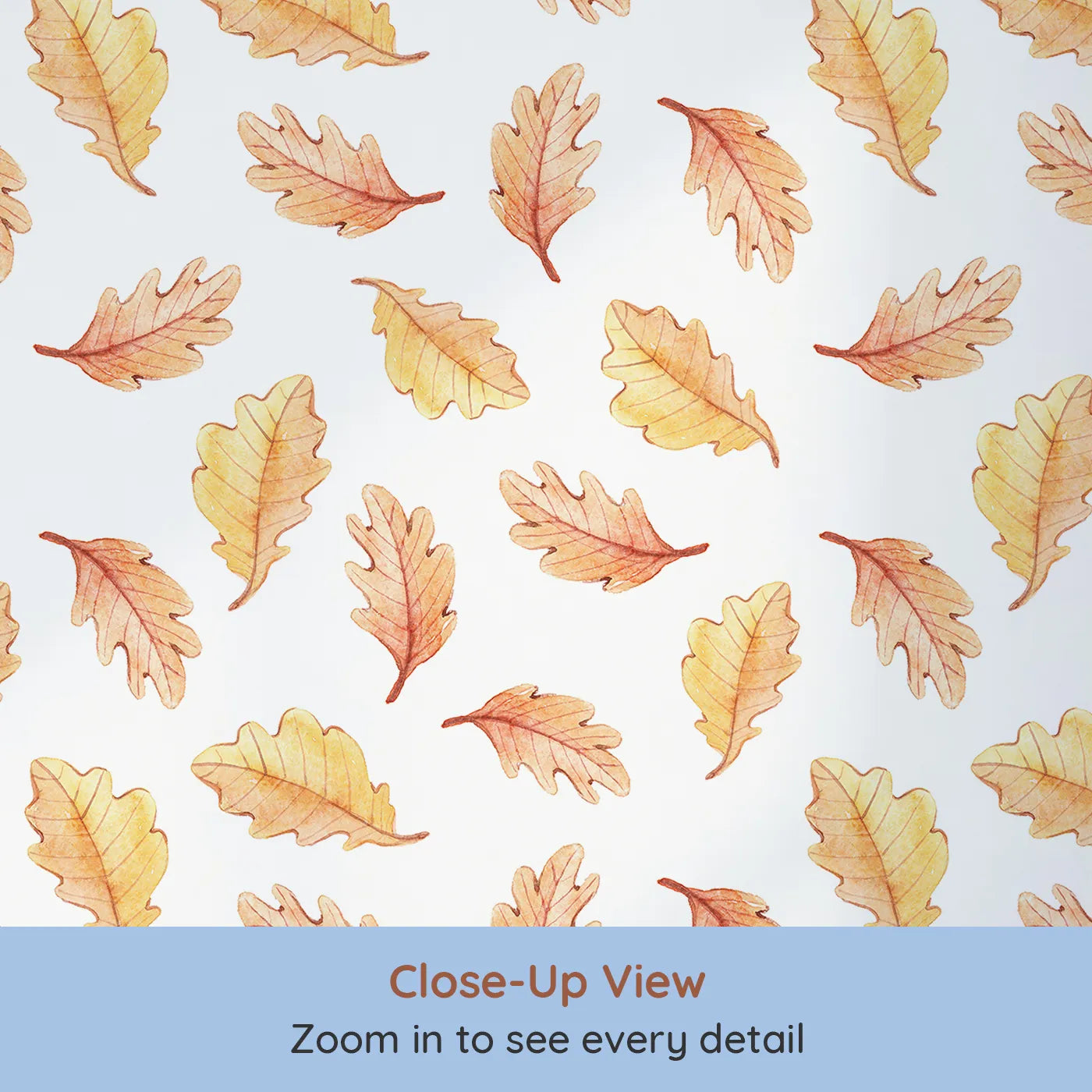 Close-up view of Whimsy Tots' Falling Oak Whispers Wallpaper in White (W3252A).Golden leaves drift gently through a forest sky.