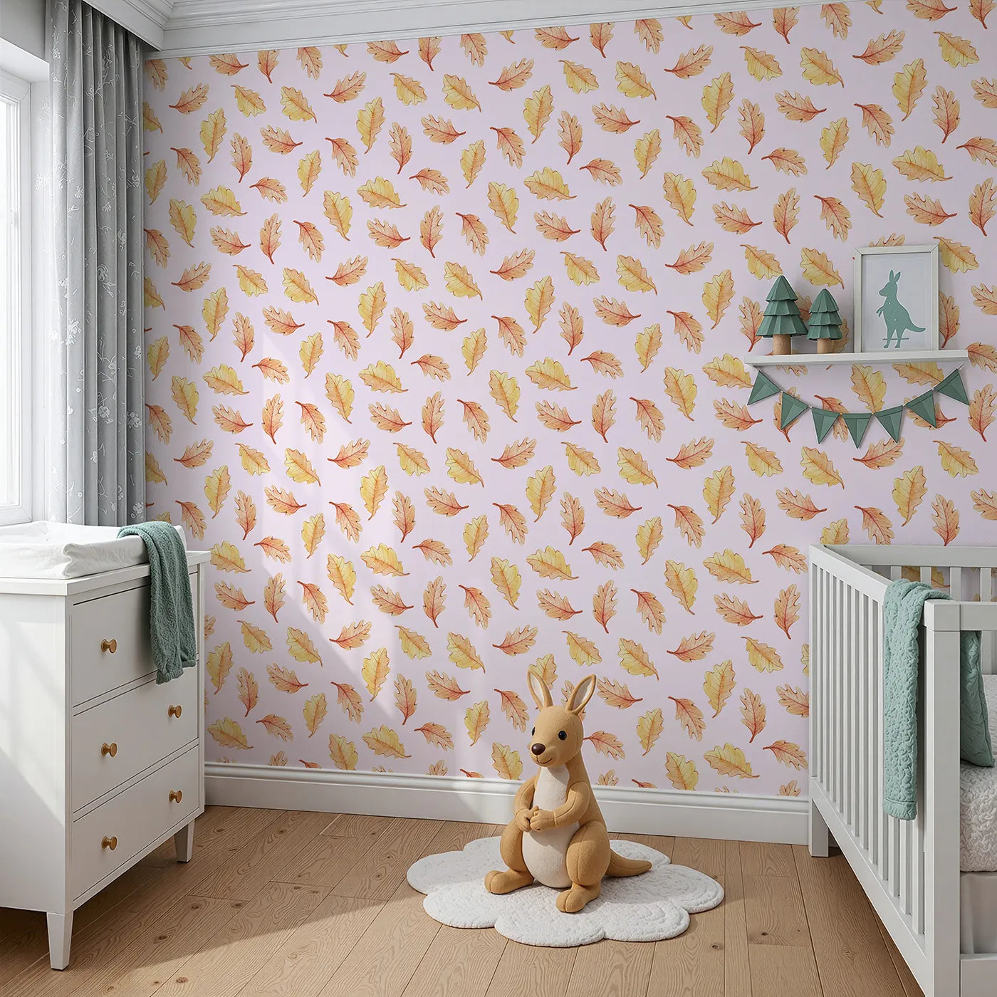 Angled view of Whimsy Tots' Falling Oak Whispers Wallpaper in Blush Pink (W3252B).Golden leaves drift gently through a forest sky.