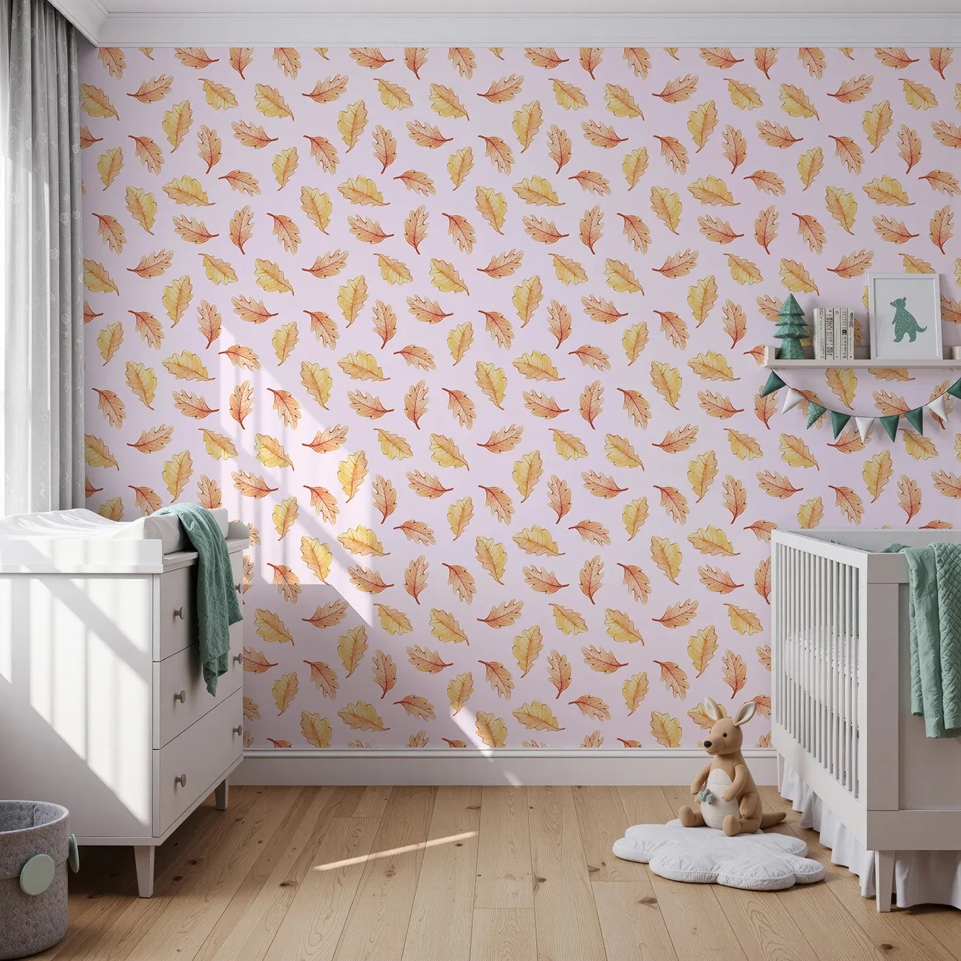 Front view of Whimsy Tots' Falling Oak Whispers Wallpaper in Blush Pink