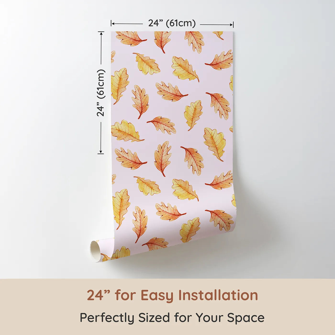 Dimension view of Whimsy Tots Falling Oak Whispers Wallpaper in Blush Pink (W3252B). Printed in 24-inch-wide panel for easy installation. Golden leaves drift gently through a forest sky.