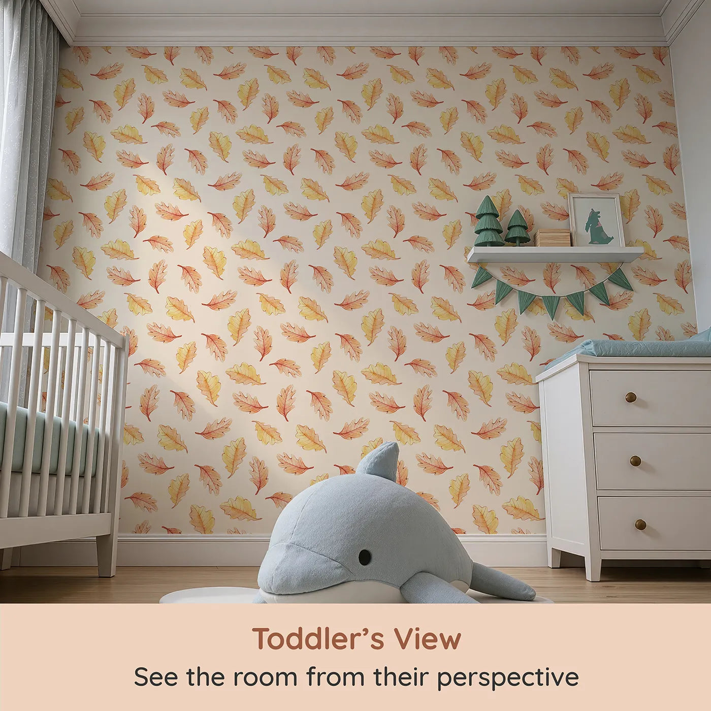 Whimsy Tots Falling Oak Whispers Wallpaper in Cream (W3252C) from your child's view.Golden leaves drift gently through a forest sky.