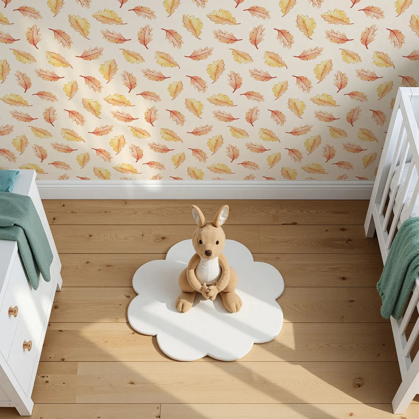 Top-Down view of Whimsy Tots' Falling Oak Whispers Wallpaper in Cream (W3252C).Golden leaves drift gently through a forest sky.