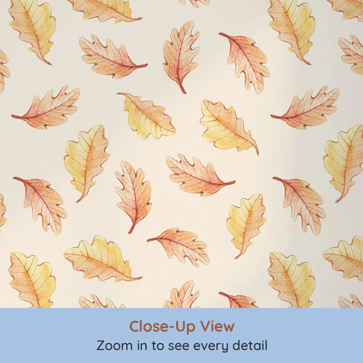 Close-up view of Whimsy Tots' Falling Oak Whispers Wallpaper in Cream (W3252C).Golden leaves drift gently through a forest sky.