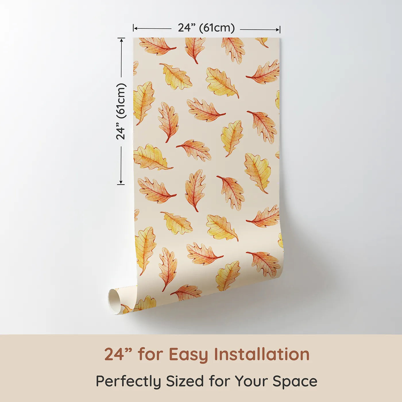 Dimension view of Whimsy Tots Falling Oak Whispers Wallpaper in Cream (W3252C). Printed in 24-inch-wide panel for easy installation. Golden leaves drift gently through a forest sky.