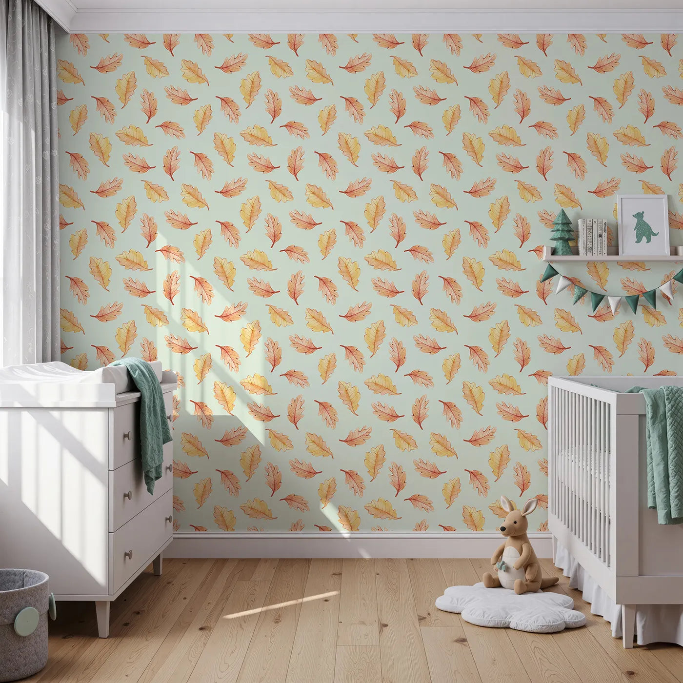 Front view of Whimsy Tots' Falling Oak Whispers Wallpaper in Green