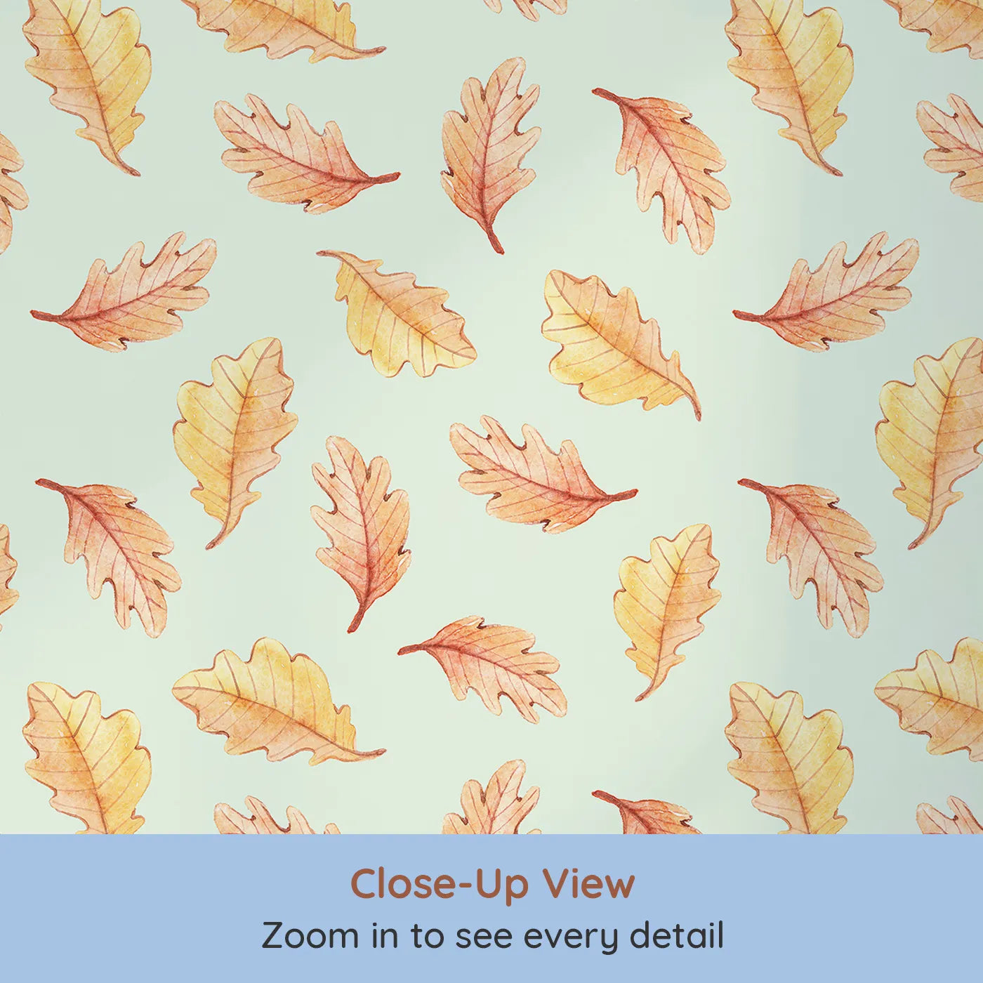 Close-up view of Whimsy Tots' Falling Oak Whispers Wallpaper in Green (W3252D).Golden leaves drift gently through a forest sky.