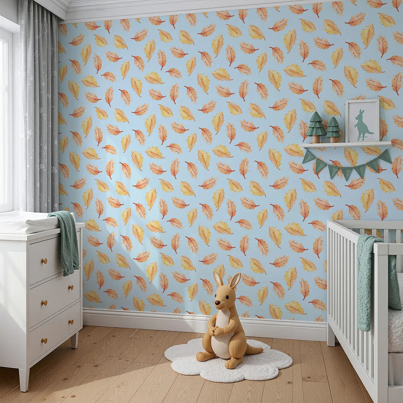 Angled view of Whimsy Tots' Falling Oak Whispers Wallpaper in Blue (W3252E).Golden leaves drift gently through a forest sky.