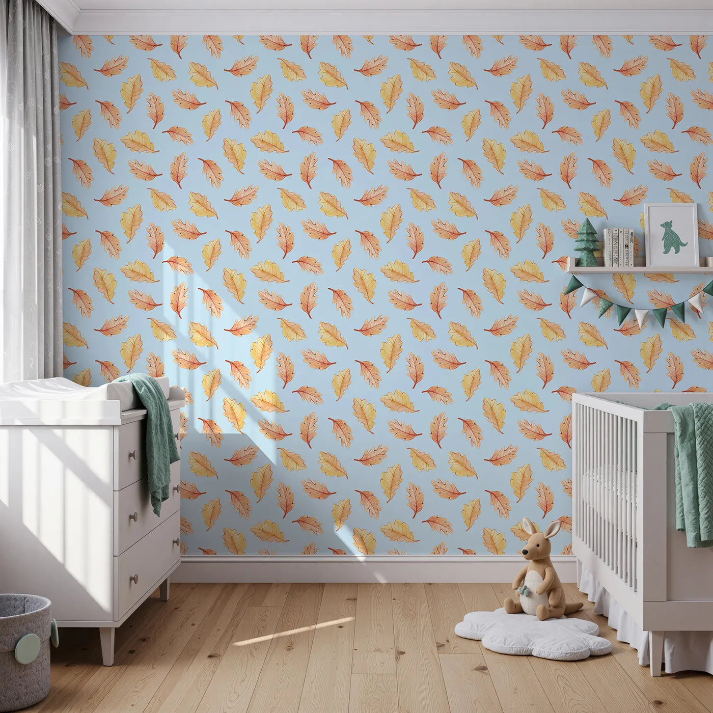 Front view of Whimsy Tots' Falling Oak Whispers Wallpaper in Blue
