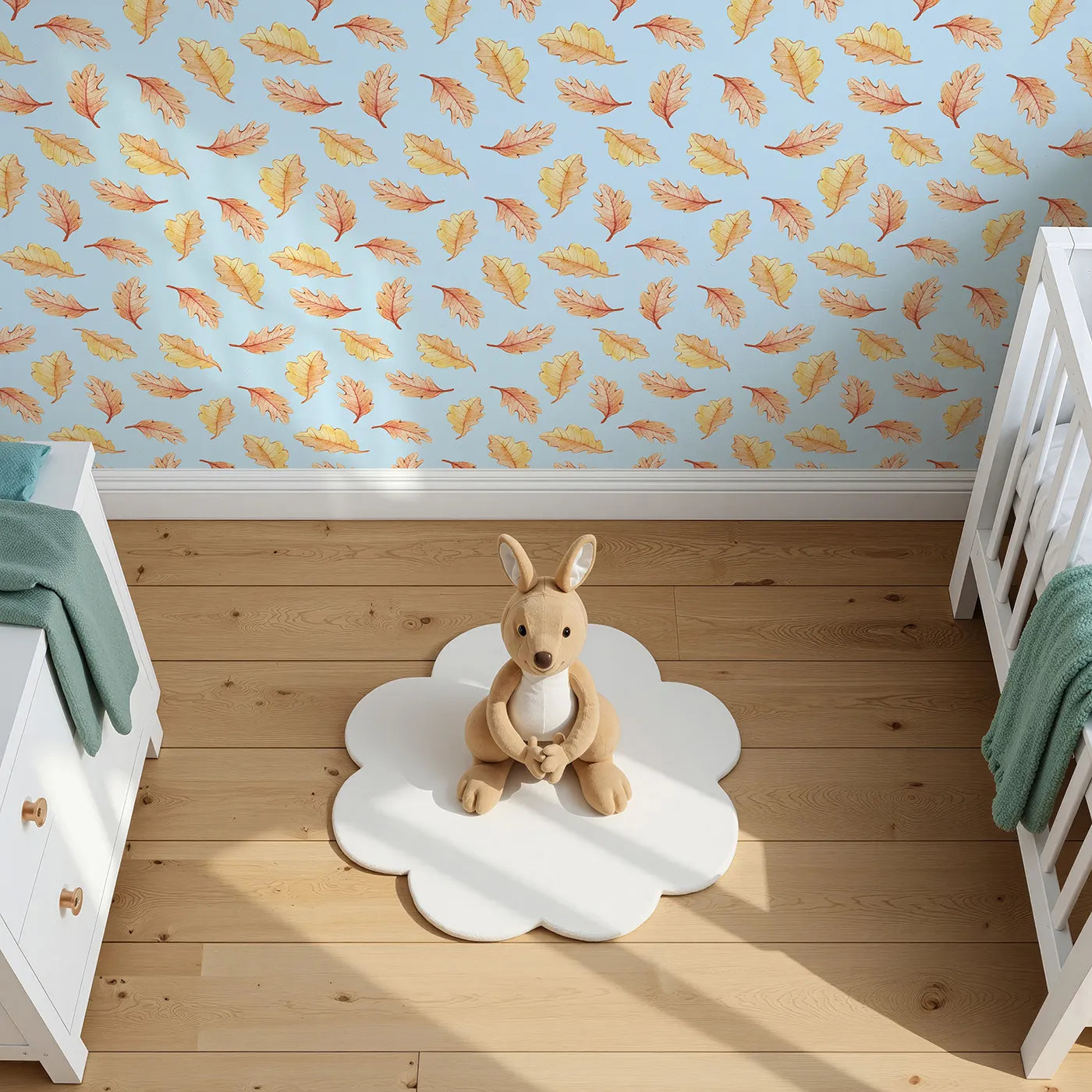 Top-Down view of Whimsy Tots' Falling Oak Whispers Wallpaper in Blue (W3252E).Golden leaves drift gently through a forest sky.