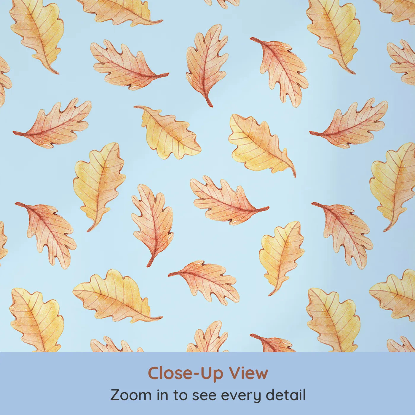 Close-up view of Whimsy Tots' Falling Oak Whispers Wallpaper in Blue (W3252E).Golden leaves drift gently through a forest sky.