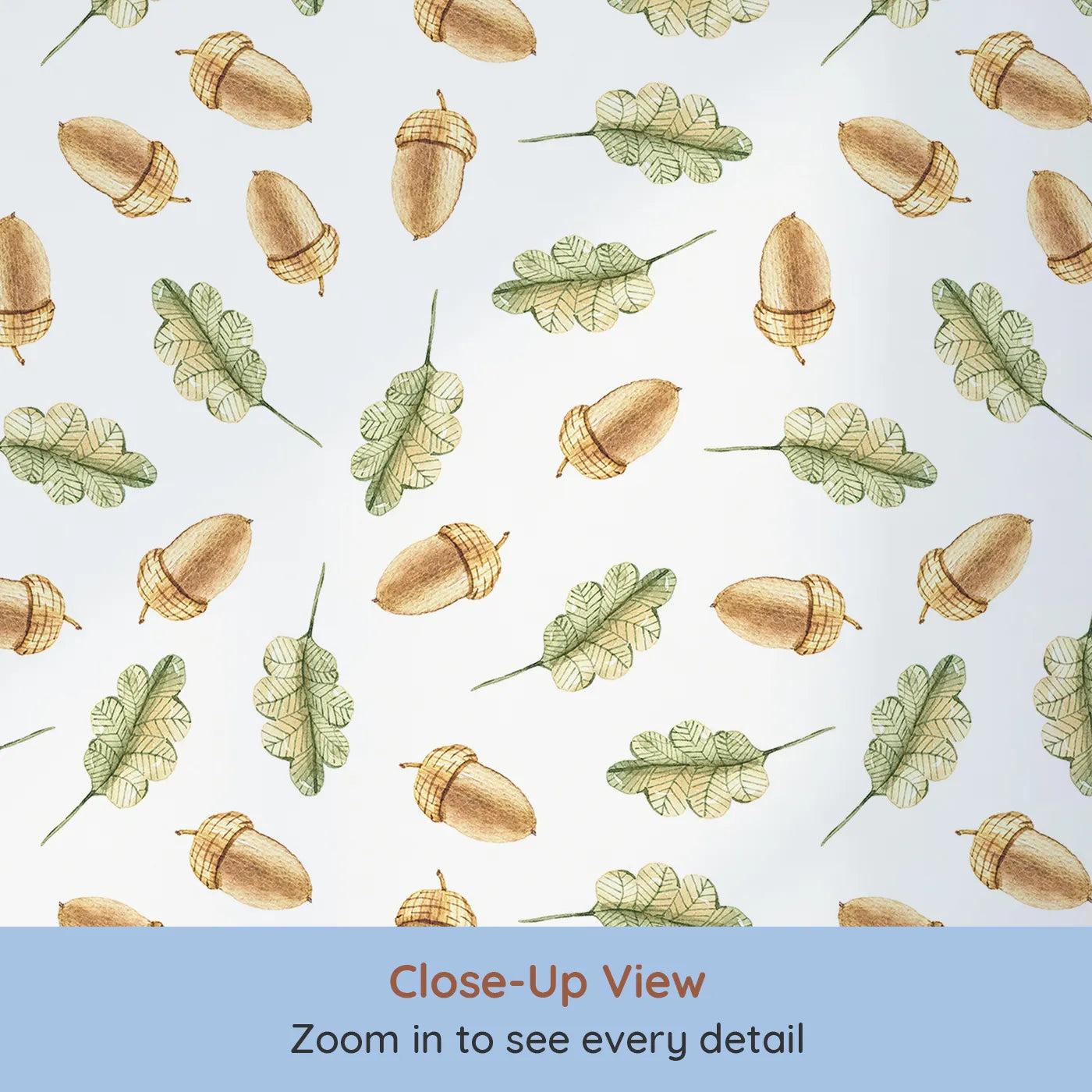 Close-up view of Whimsy Tots' Acorn Meadow Whimsy Wallpaper in White (W3253A).Twirling acorns and leafy greens bring forest calm to every corner.