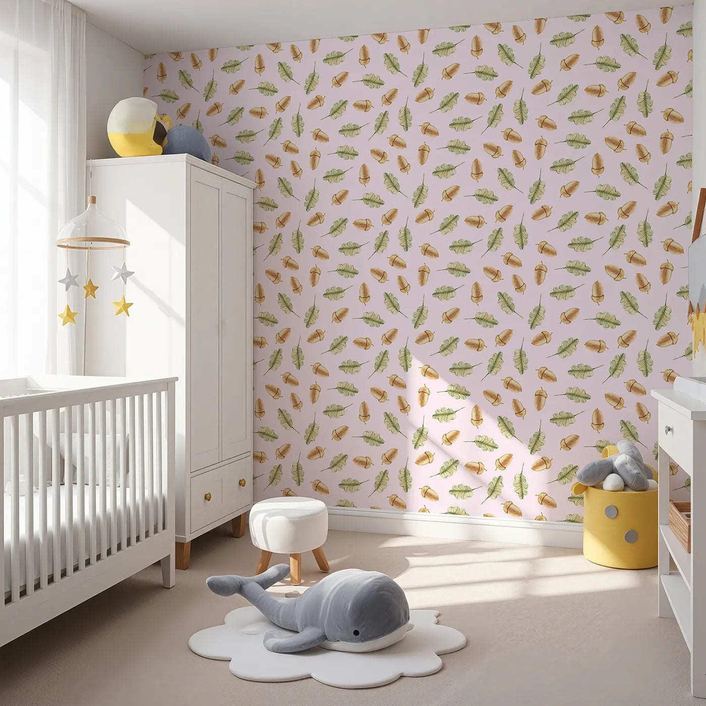 Angled view of Whimsy Tots' Acorn Meadow Whimsy Wallpaper in Blush Pink (W3253B).Twirling acorns and leafy greens bring forest calm to every corner.