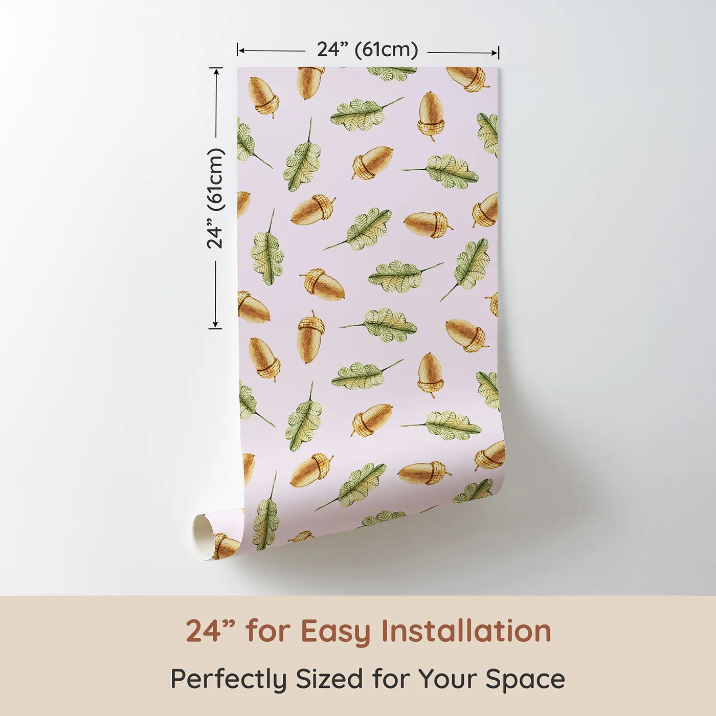 Dimension view of Whimsy Tots Acorn Meadow Whimsy Wallpaper in Blush Pink (W3253B). Printed in 24-inch-wide panel for easy installation. Twirling acorns and leafy greens bring forest calm to every corner.