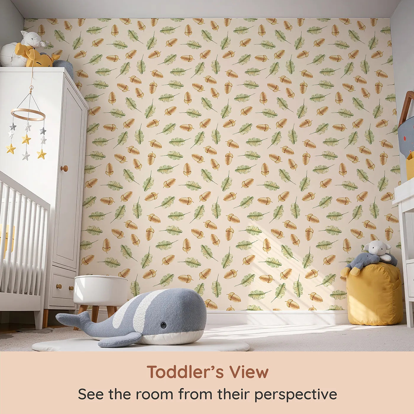 Whimsy Tots Acorn Meadow Whimsy Wallpaper in Cream (W3253C) from your child's view.Twirling acorns and leafy greens bring forest calm to every corner.