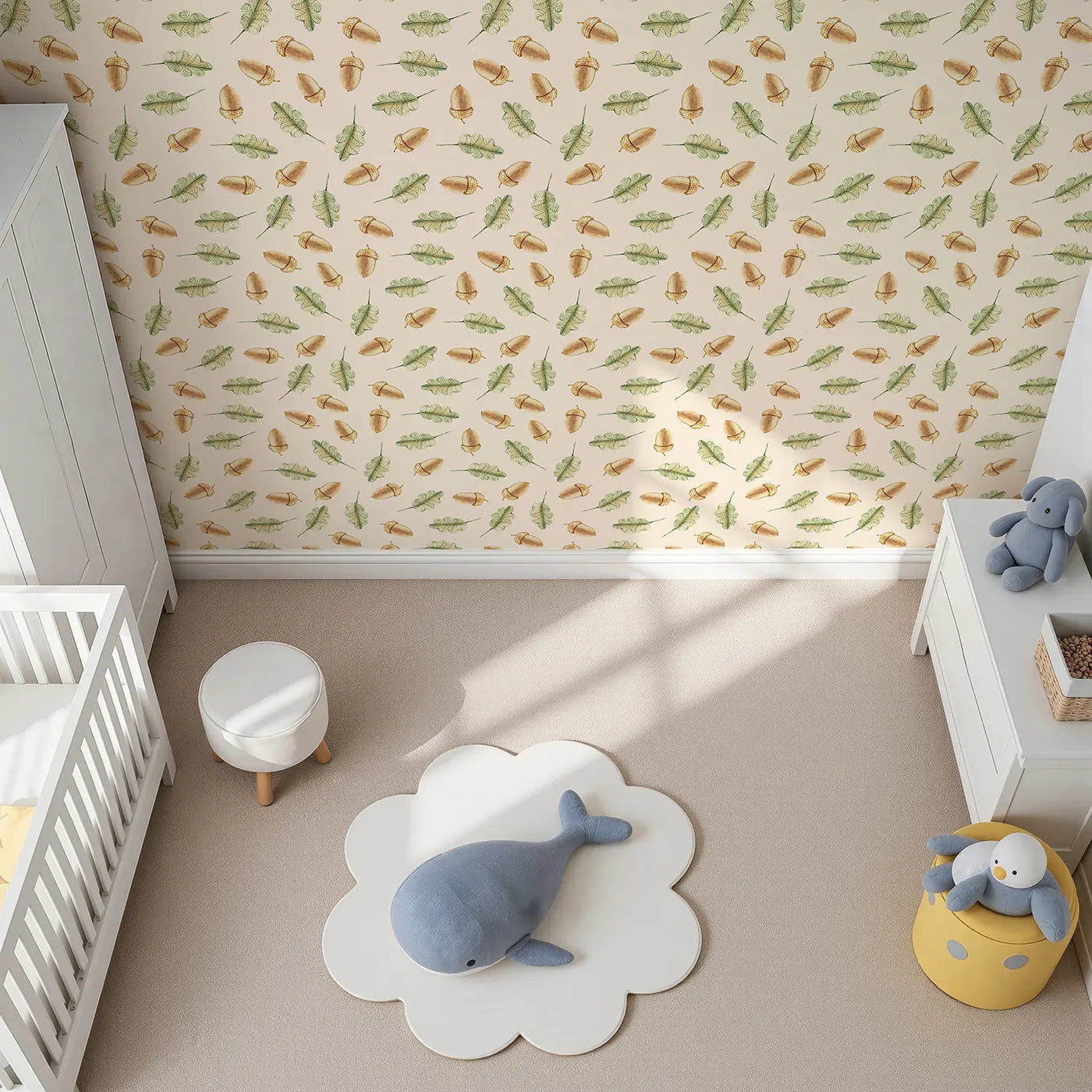 Top-Down view of Whimsy Tots' Acorn Meadow Whimsy Wallpaper in Cream (W3253C).Twirling acorns and leafy greens bring forest calm to every corner.