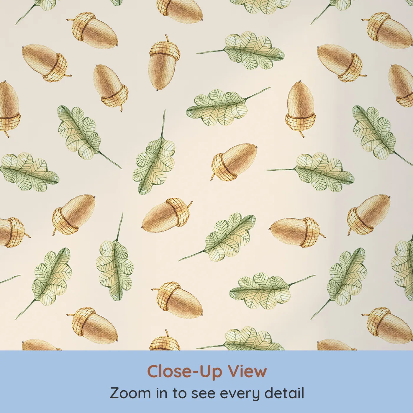 Close-up view of Whimsy Tots' Acorn Meadow Whimsy Wallpaper in Cream (W3253C).Twirling acorns and leafy greens bring forest calm to every corner.