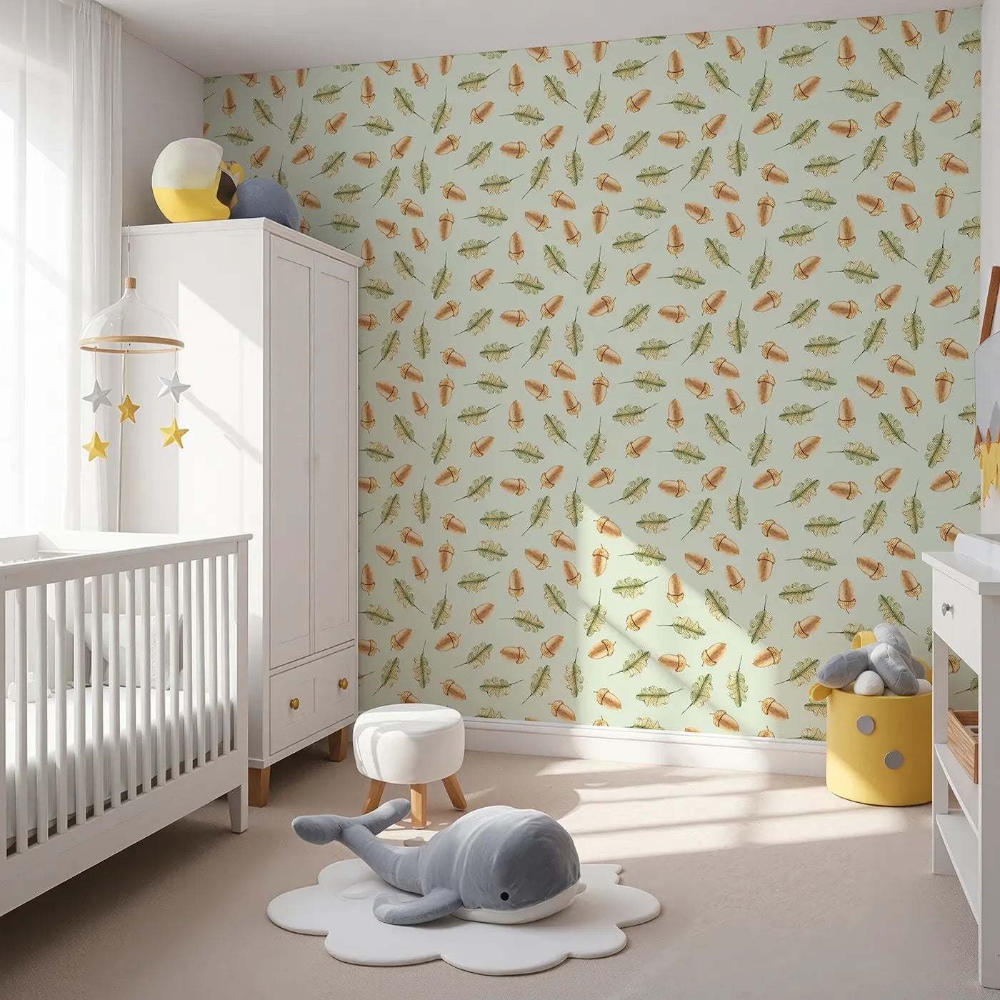 Angled view of Whimsy Tots' Acorn Meadow Whimsy Wallpaper in Mint Green (W3253D).Twirling acorns and leafy greens bring forest calm to every corner.