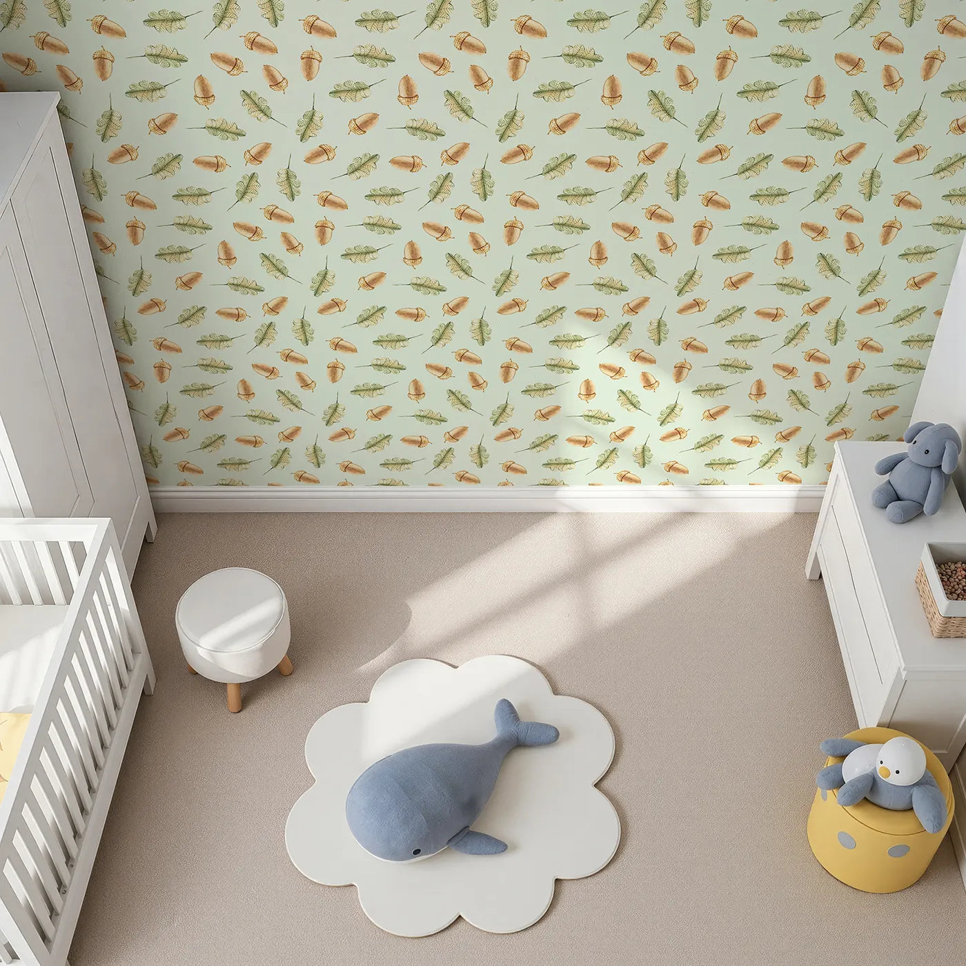 Top-Down view of Whimsy Tots' Acorn Meadow Whimsy Wallpaper in Mint Green (W3253D).Twirling acorns and leafy greens bring forest calm to every corner.