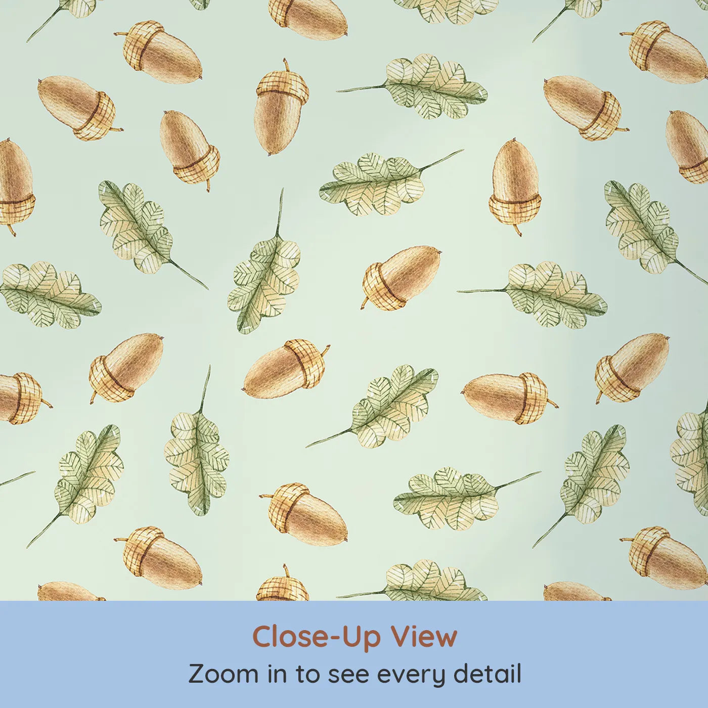 Close-up view of Whimsy Tots' Acorn Meadow Whimsy Wallpaper in Mint Green (W3253D).Twirling acorns and leafy greens bring forest calm to every corner.