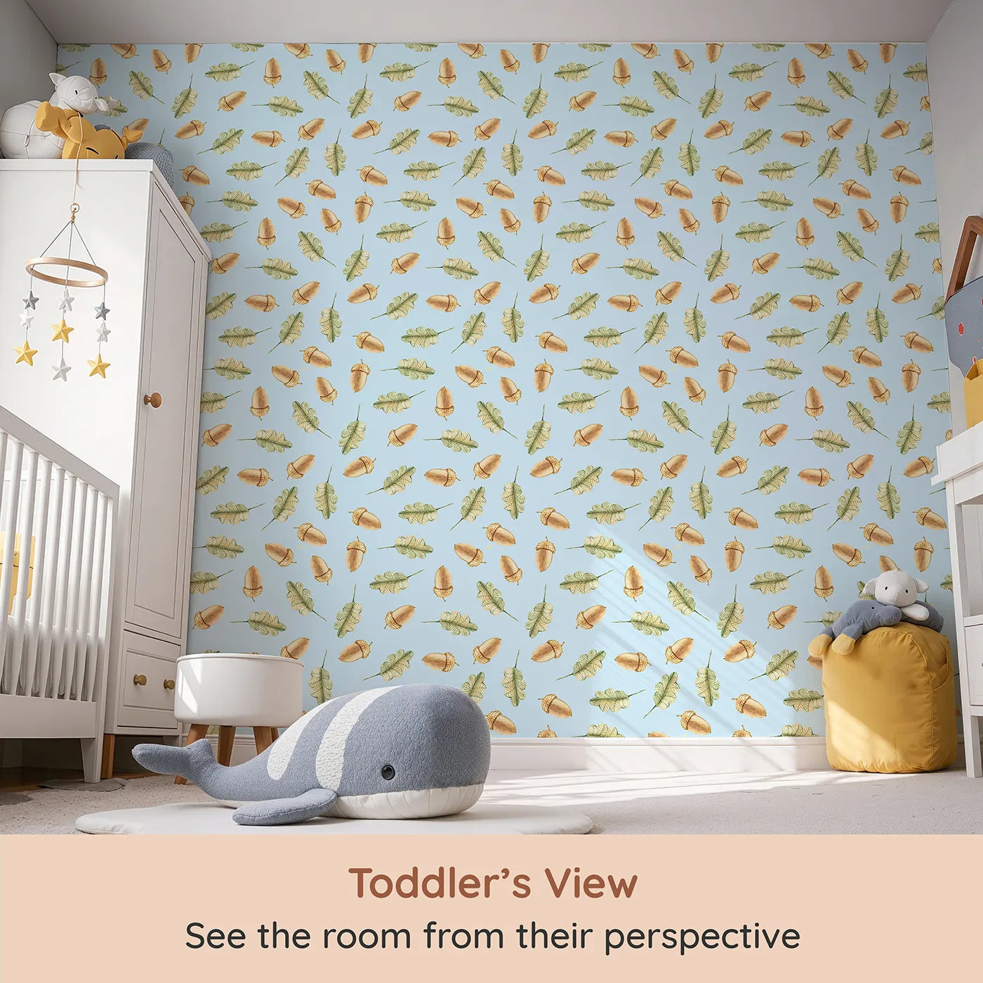 Whimsy Tots Acorn Meadow Whimsy Wallpaper in Blue (W3253E) from your child's view.Twirling acorns and leafy greens bring forest calm to every corner.