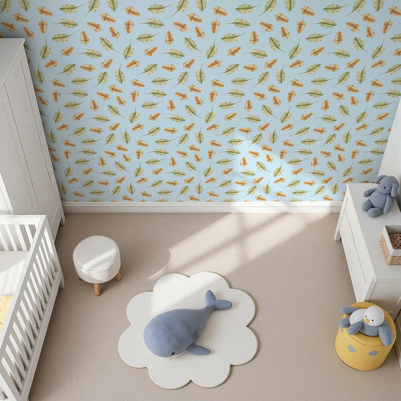 Top-Down view of Whimsy Tots' Acorn Meadow Whimsy Wallpaper in Blue (W3253E).Twirling acorns and leafy greens bring forest calm to every corner.